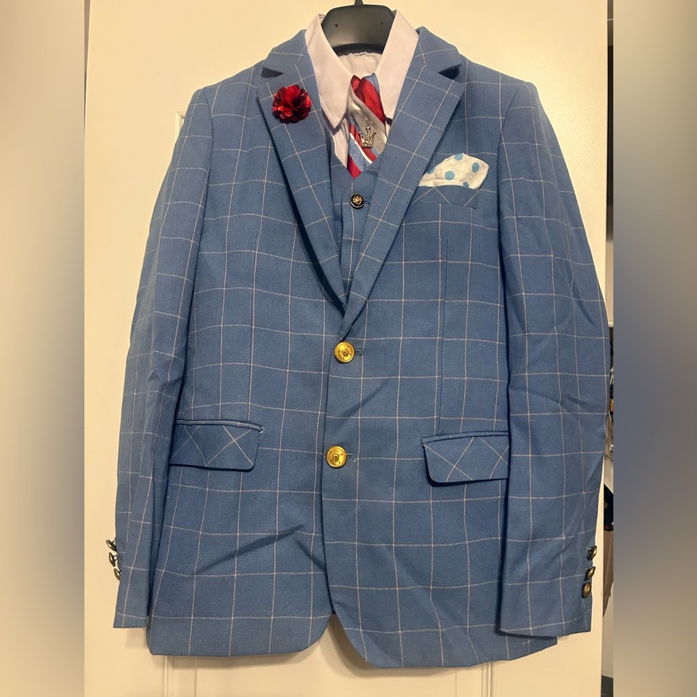 New Stylish Boys Blue Checkered Plaid 4pc Suit Set Sz 12